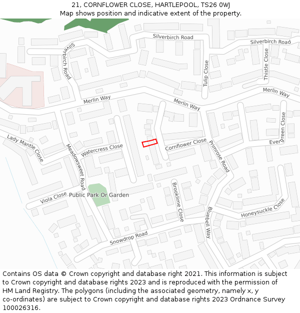 21, CORNFLOWER CLOSE, HARTLEPOOL, TS26 0WJ: Location map and indicative extent of plot