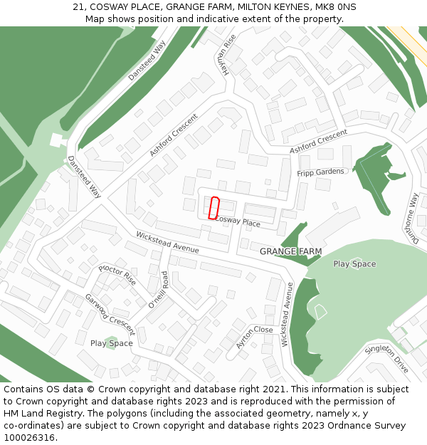 21, COSWAY PLACE, GRANGE FARM, MILTON KEYNES, MK8 0NS: Location map and indicative extent of plot