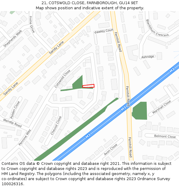 21, COTSWOLD CLOSE, FARNBOROUGH, GU14 9ET: Location map and indicative extent of plot