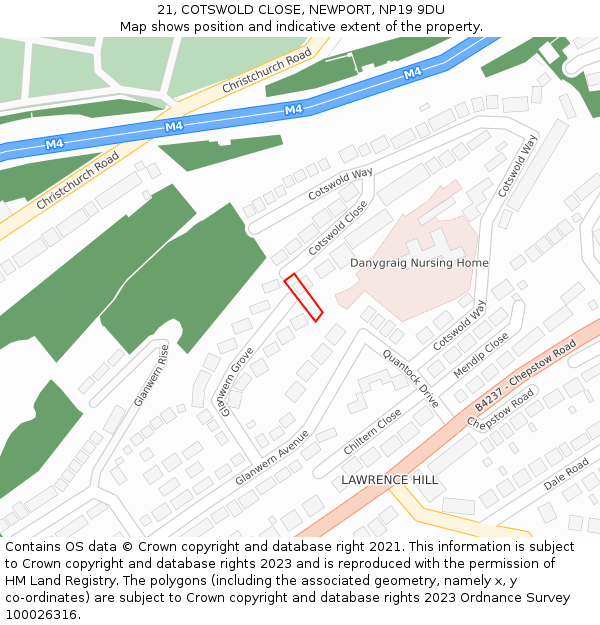 21, COTSWOLD CLOSE, NEWPORT, NP19 9DU: Location map and indicative extent of plot