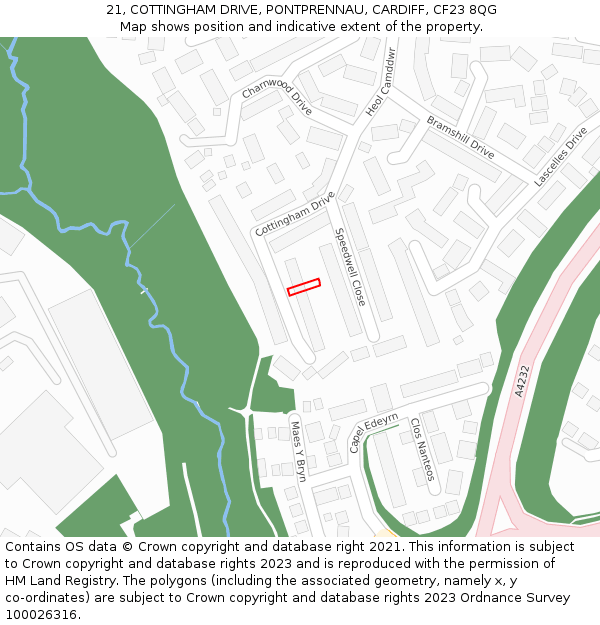 21, COTTINGHAM DRIVE, PONTPRENNAU, CARDIFF, CF23 8QG: Location map and indicative extent of plot