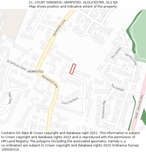 21, COURT GARDENS, HEMPSTED, GLOUCESTER, GL2 5JX: Location map and indicative extent of plot