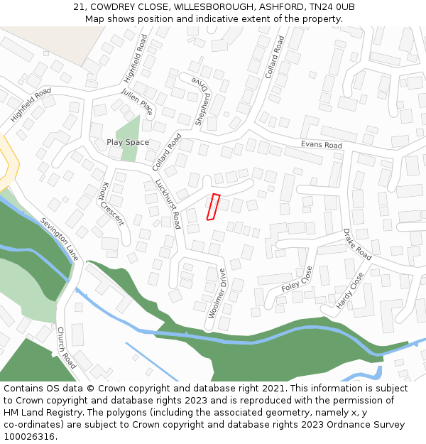 21, COWDREY CLOSE, WILLESBOROUGH, ASHFORD, TN24 0UB: Location map and indicative extent of plot