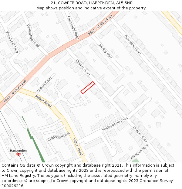21, COWPER ROAD, HARPENDEN, AL5 5NF: Location map and indicative extent of plot