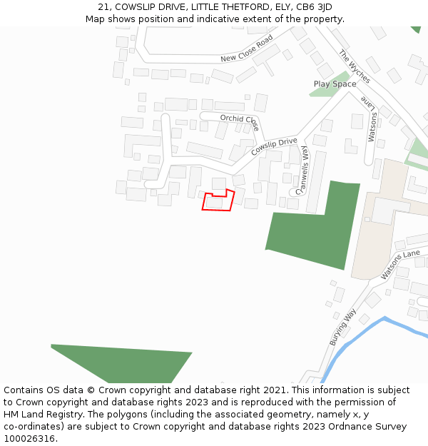 21, COWSLIP DRIVE, LITTLE THETFORD, ELY, CB6 3JD: Location map and indicative extent of plot