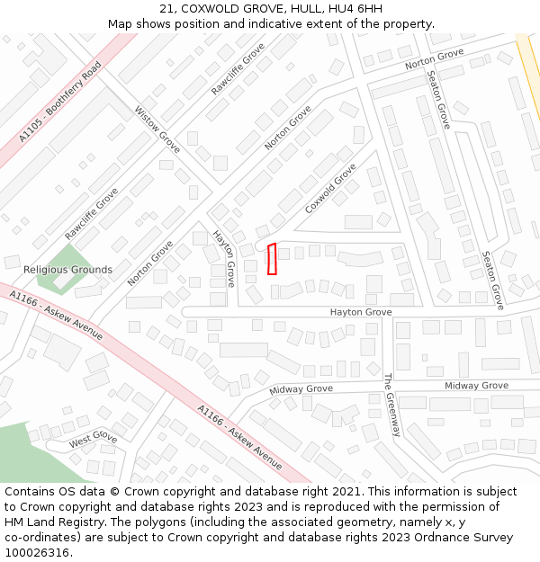 21, COXWOLD GROVE, HULL, HU4 6HH: Location map and indicative extent of plot