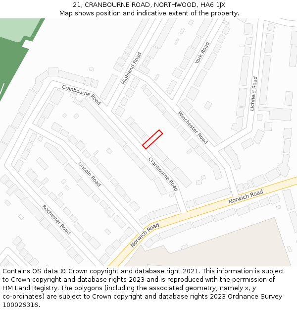 21, CRANBOURNE ROAD, NORTHWOOD, HA6 1JX: Location map and indicative extent of plot
