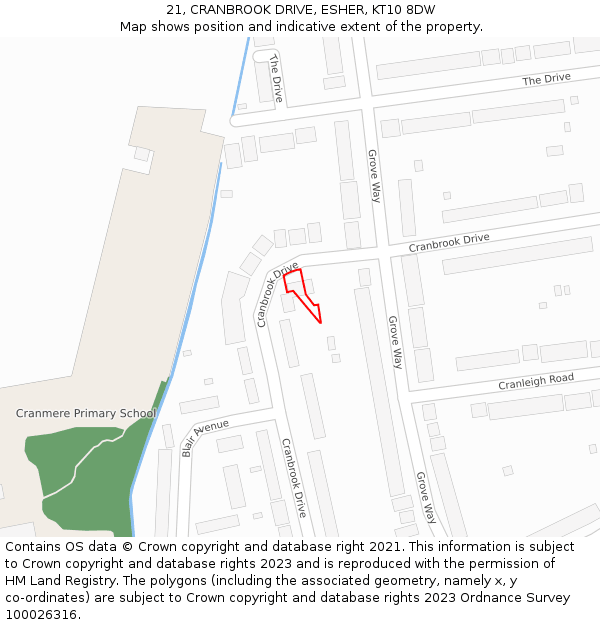 21, CRANBROOK DRIVE, ESHER, KT10 8DW: Location map and indicative extent of plot