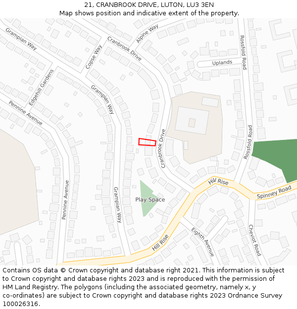 21, CRANBROOK DRIVE, LUTON, LU3 3EN: Location map and indicative extent of plot