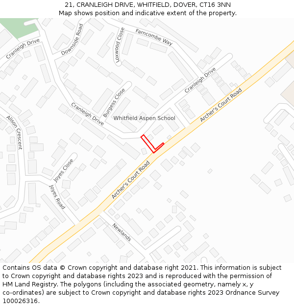 21, CRANLEIGH DRIVE, WHITFIELD, DOVER, CT16 3NN: Location map and indicative extent of plot