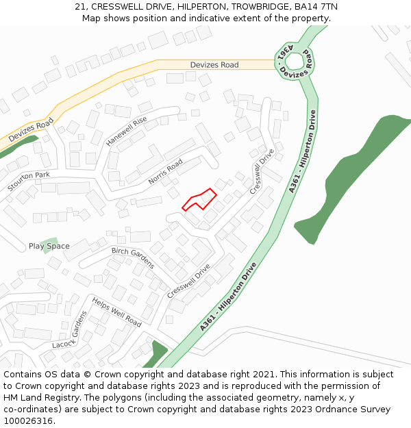 21, CRESSWELL DRIVE, HILPERTON, TROWBRIDGE, BA14 7TN: Location map and indicative extent of plot