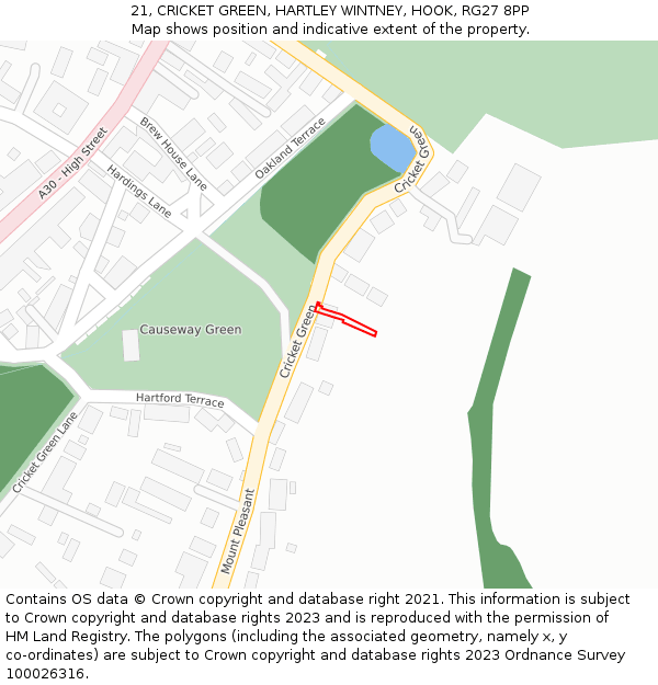 21, CRICKET GREEN, HARTLEY WINTNEY, HOOK, RG27 8PP: Location map and indicative extent of plot