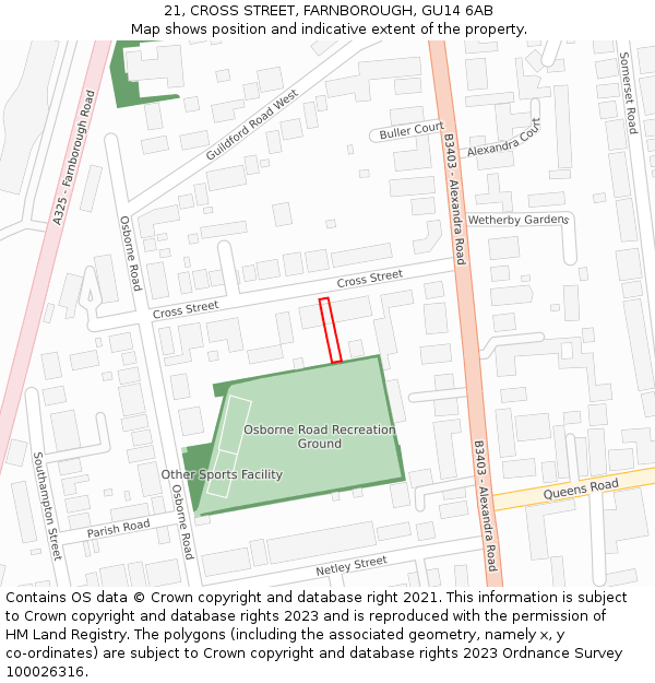 21, CROSS STREET, FARNBOROUGH, GU14 6AB: Location map and indicative extent of plot