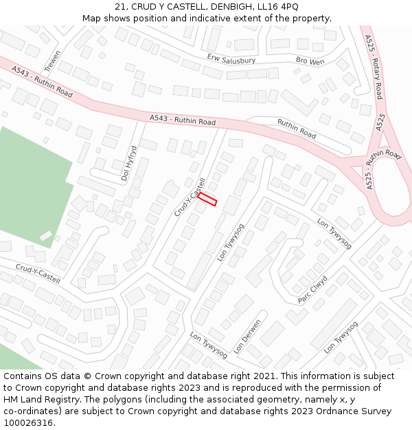 21, CRUD Y CASTELL, DENBIGH, LL16 4PQ: Location map and indicative extent of plot