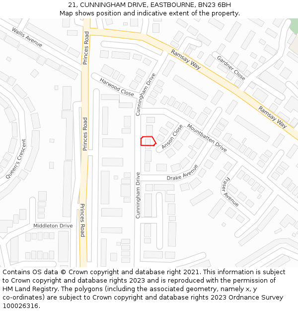 21, CUNNINGHAM DRIVE, EASTBOURNE, BN23 6BH: Location map and indicative extent of plot