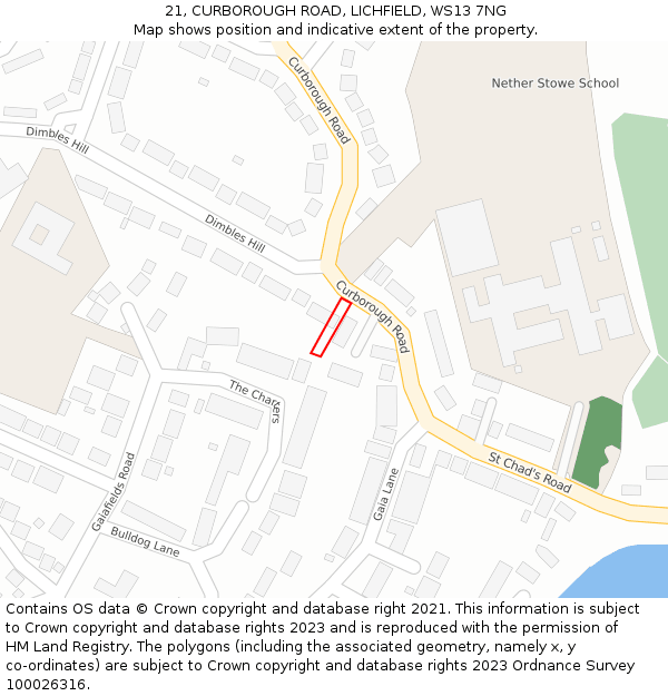 21, CURBOROUGH ROAD, LICHFIELD, WS13 7NG: Location map and indicative extent of plot