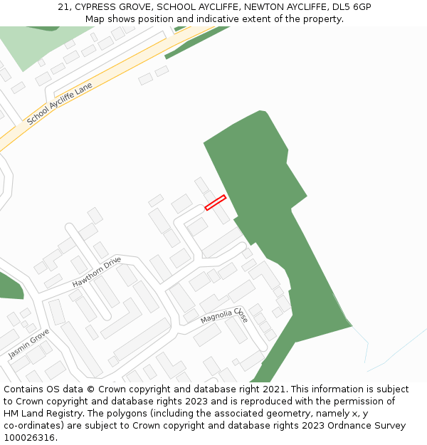 21, CYPRESS GROVE, SCHOOL AYCLIFFE, NEWTON AYCLIFFE, DL5 6GP: Location map and indicative extent of plot