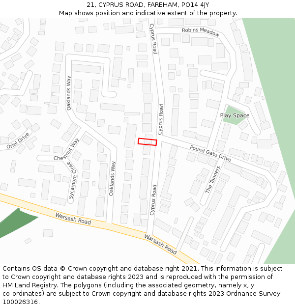 21, CYPRUS ROAD, FAREHAM, PO14 4JY: Location map and indicative extent of plot