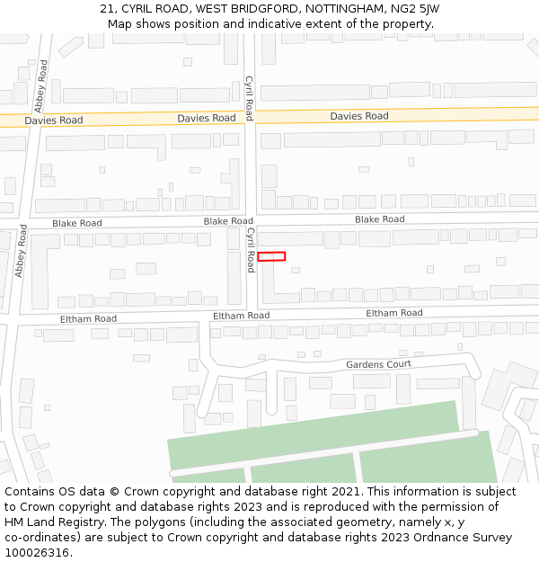 21, CYRIL ROAD, WEST BRIDGFORD, NOTTINGHAM, NG2 5JW: Location map and indicative extent of plot