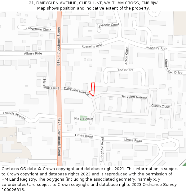 21, DAIRYGLEN AVENUE, CHESHUNT, WALTHAM CROSS, EN8 8JW: Location map and indicative extent of plot