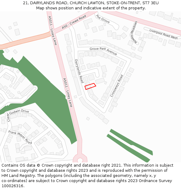 21, DAIRYLANDS ROAD, CHURCH LAWTON, STOKE-ON-TRENT, ST7 3EU: Location map and indicative extent of plot