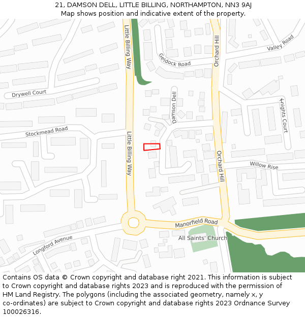 21, DAMSON DELL, LITTLE BILLING, NORTHAMPTON, NN3 9AJ: Location map and indicative extent of plot