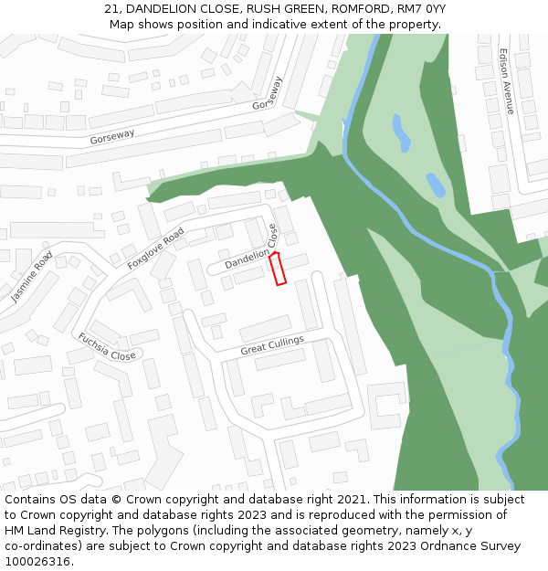 21, DANDELION CLOSE, RUSH GREEN, ROMFORD, RM7 0YY: Location map and indicative extent of plot