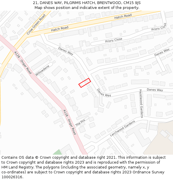 21, DANES WAY, PILGRIMS HATCH, BRENTWOOD, CM15 9JS: Location map and indicative extent of plot