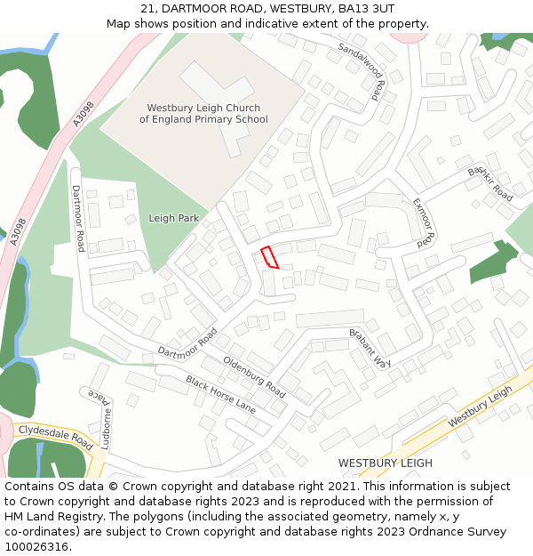 21, DARTMOOR ROAD, WESTBURY, BA13 3UT: Location map and indicative extent of plot