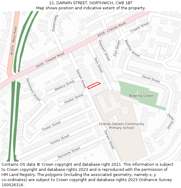 21, DARWIN STREET, NORTHWICH, CW8 1BT: Location map and indicative extent of plot