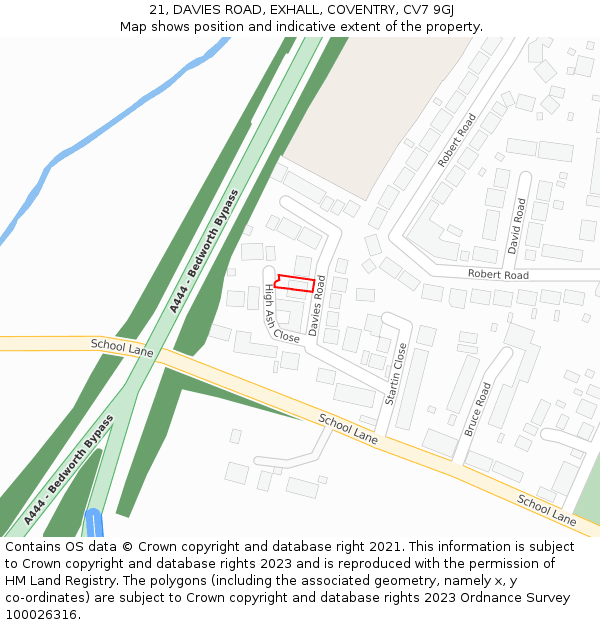 21, DAVIES ROAD, EXHALL, COVENTRY, CV7 9GJ: Location map and indicative extent of plot