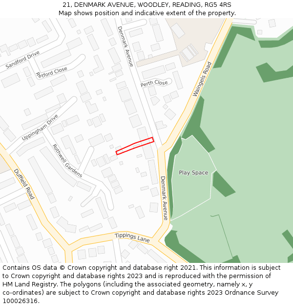 21, DENMARK AVENUE, WOODLEY, READING, RG5 4RS: Location map and indicative extent of plot