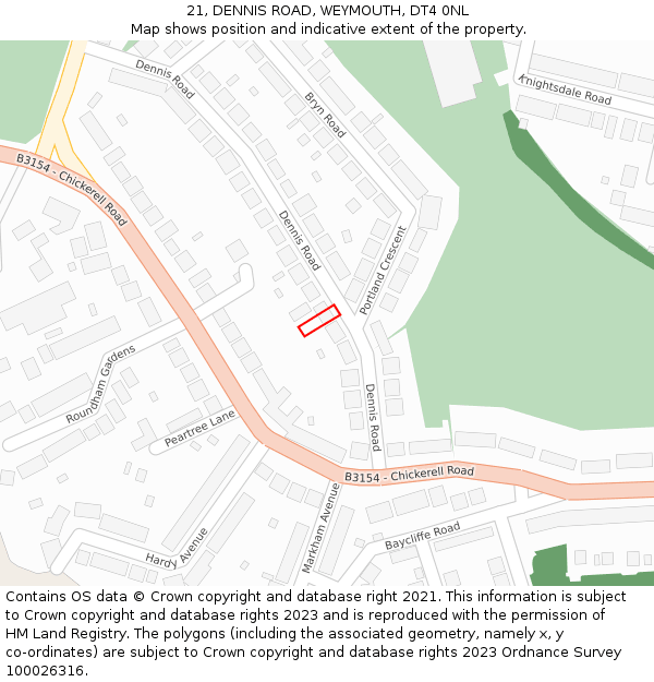 21, DENNIS ROAD, WEYMOUTH, DT4 0NL: Location map and indicative extent of plot