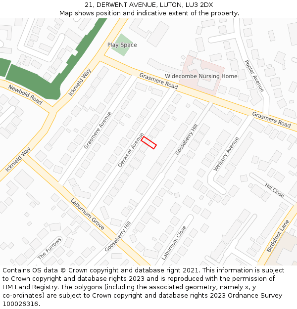 21, DERWENT AVENUE, LUTON, LU3 2DX: Location map and indicative extent of plot