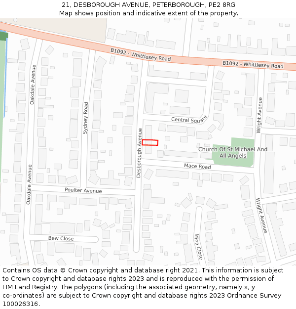21, DESBOROUGH AVENUE, PETERBOROUGH, PE2 8RG: Location map and indicative extent of plot