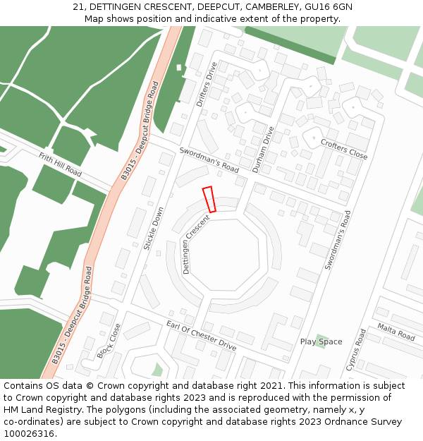 21, DETTINGEN CRESCENT, DEEPCUT, CAMBERLEY, GU16 6GN: Location map and indicative extent of plot