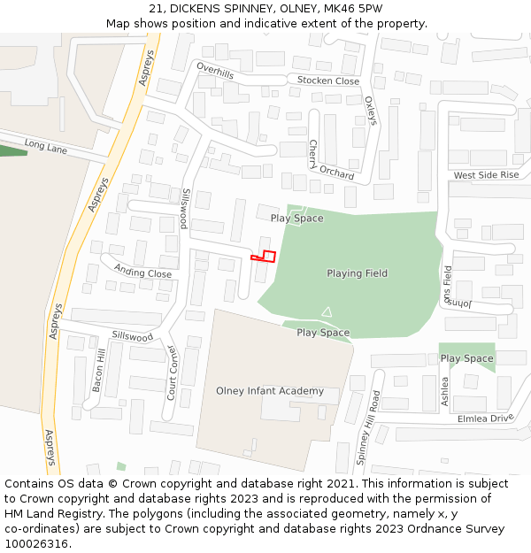 21, DICKENS SPINNEY, OLNEY, MK46 5PW: Location map and indicative extent of plot
