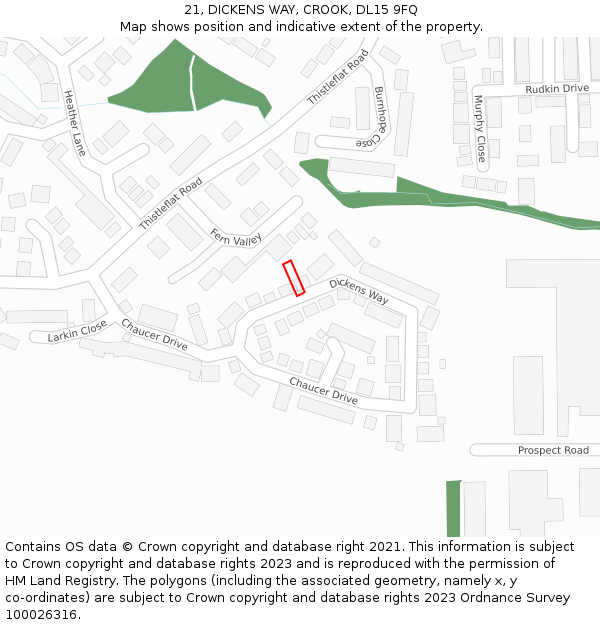 21, DICKENS WAY, CROOK, DL15 9FQ: Location map and indicative extent of plot