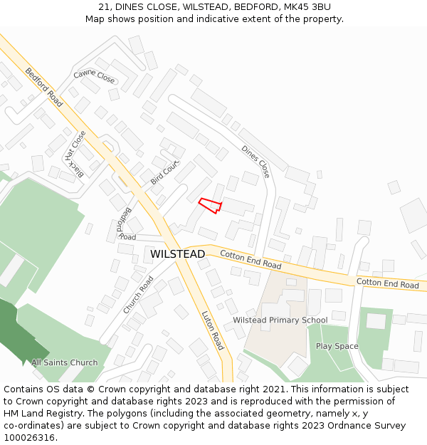 21, DINES CLOSE, WILSTEAD, BEDFORD, MK45 3BU: Location map and indicative extent of plot