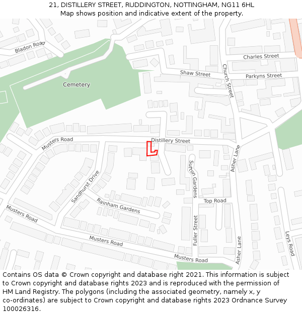 21, DISTILLERY STREET, RUDDINGTON, NOTTINGHAM, NG11 6HL: Location map and indicative extent of plot