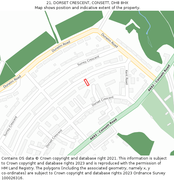 21, DORSET CRESCENT, CONSETT, DH8 8HX: Location map and indicative extent of plot