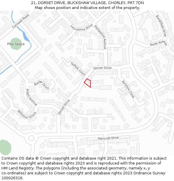 21, DORSET DRIVE, BUCKSHAW VILLAGE, CHORLEY, PR7 7DN: Location map and indicative extent of plot