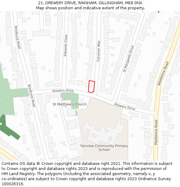 21, DREWERY DRIVE, RAINHAM, GILLINGHAM, ME8 0NX: Location map and indicative extent of plot