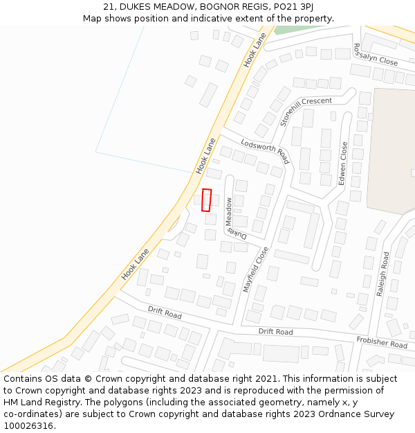 21, DUKES MEADOW, BOGNOR REGIS, PO21 3PJ: Location map and indicative extent of plot