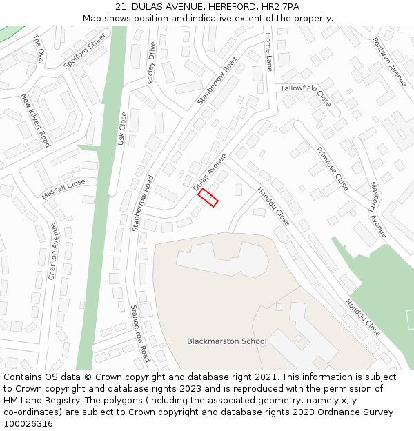 21, DULAS AVENUE, HEREFORD, HR2 7PA: Location map and indicative extent of plot