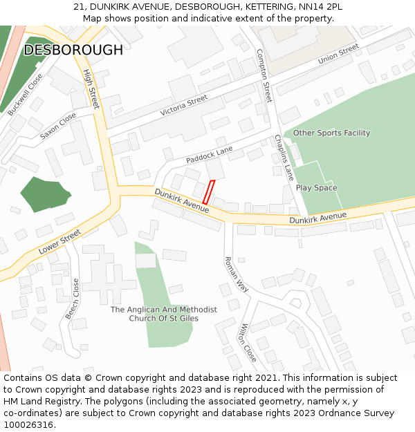 21, DUNKIRK AVENUE, DESBOROUGH, KETTERING, NN14 2PL: Location map and indicative extent of plot