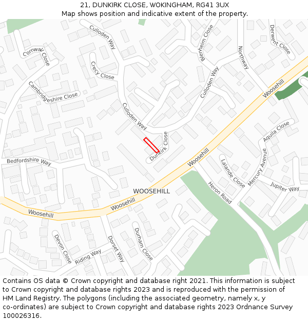 21, DUNKIRK CLOSE, WOKINGHAM, RG41 3UX: Location map and indicative extent of plot