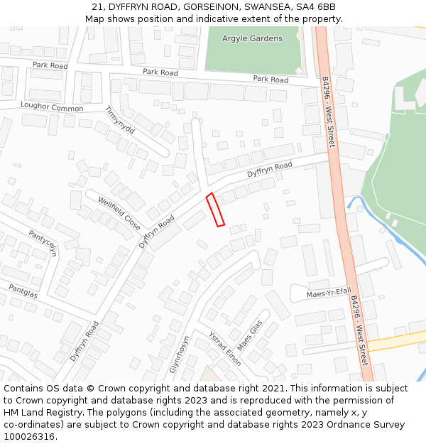 21, DYFFRYN ROAD, GORSEINON, SWANSEA, SA4 6BB: Location map and indicative extent of plot