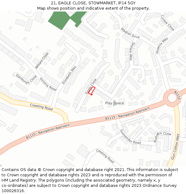 21, EAGLE CLOSE, STOWMARKET, IP14 5GY: Location map and indicative extent of plot