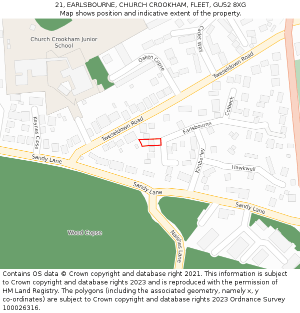 21, EARLSBOURNE, CHURCH CROOKHAM, FLEET, GU52 8XG: Location map and indicative extent of plot